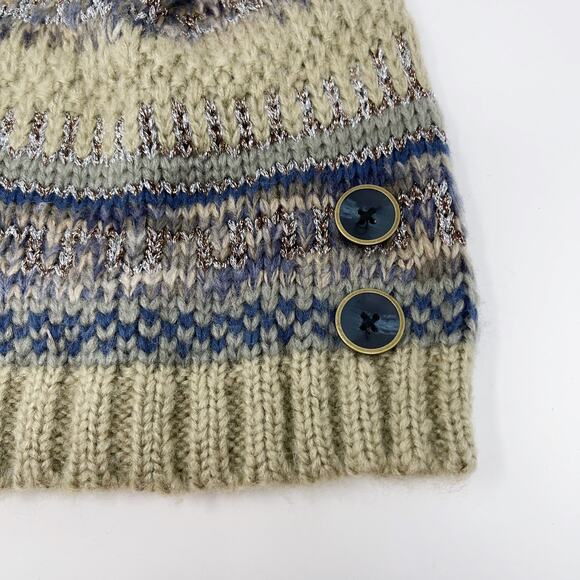 Boutique Striped Knit Beanie Hat with Pom Pom Cream Blue Button Detail - Picture 4 of 6